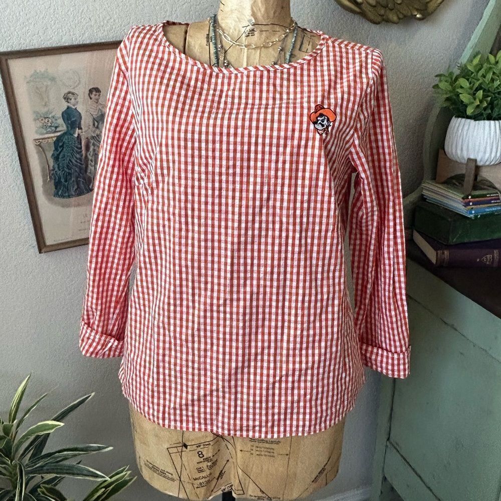 Red Gingham Women’s Long-Sleeve Top with Embroidered Accent